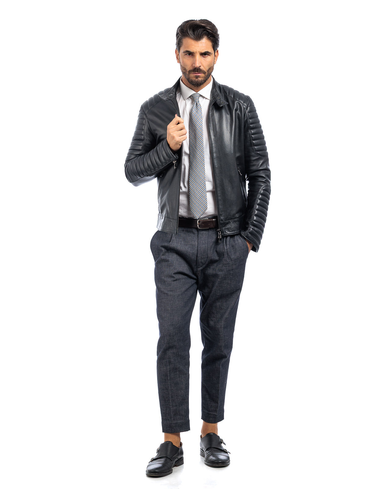 Giacca biker in pelle uomo nero - linea OVER