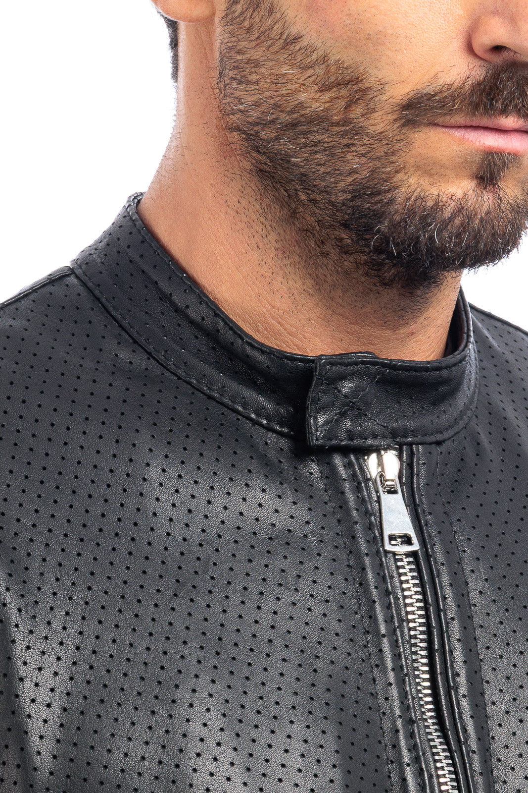 Giacca biker in pelle uomo nero traforato