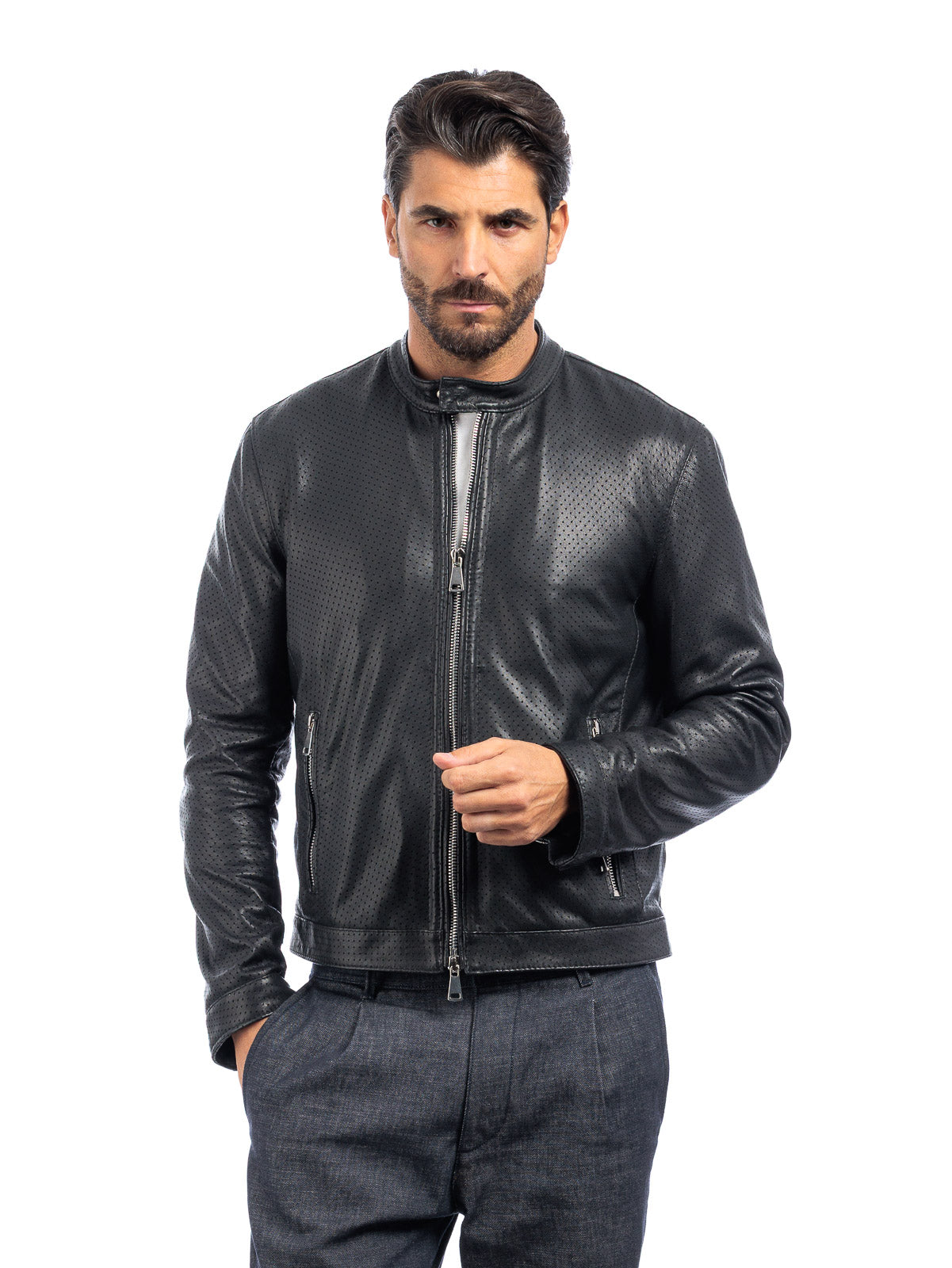 Giacca biker in pelle uomo nero traforato