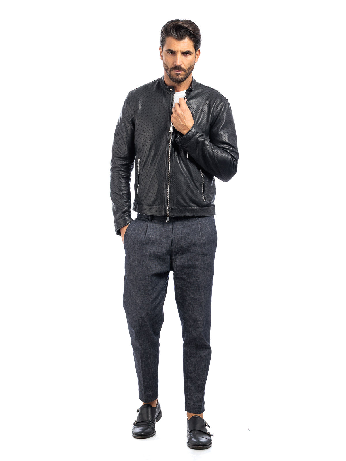 Giacca biker in pelle uomo nero traforato