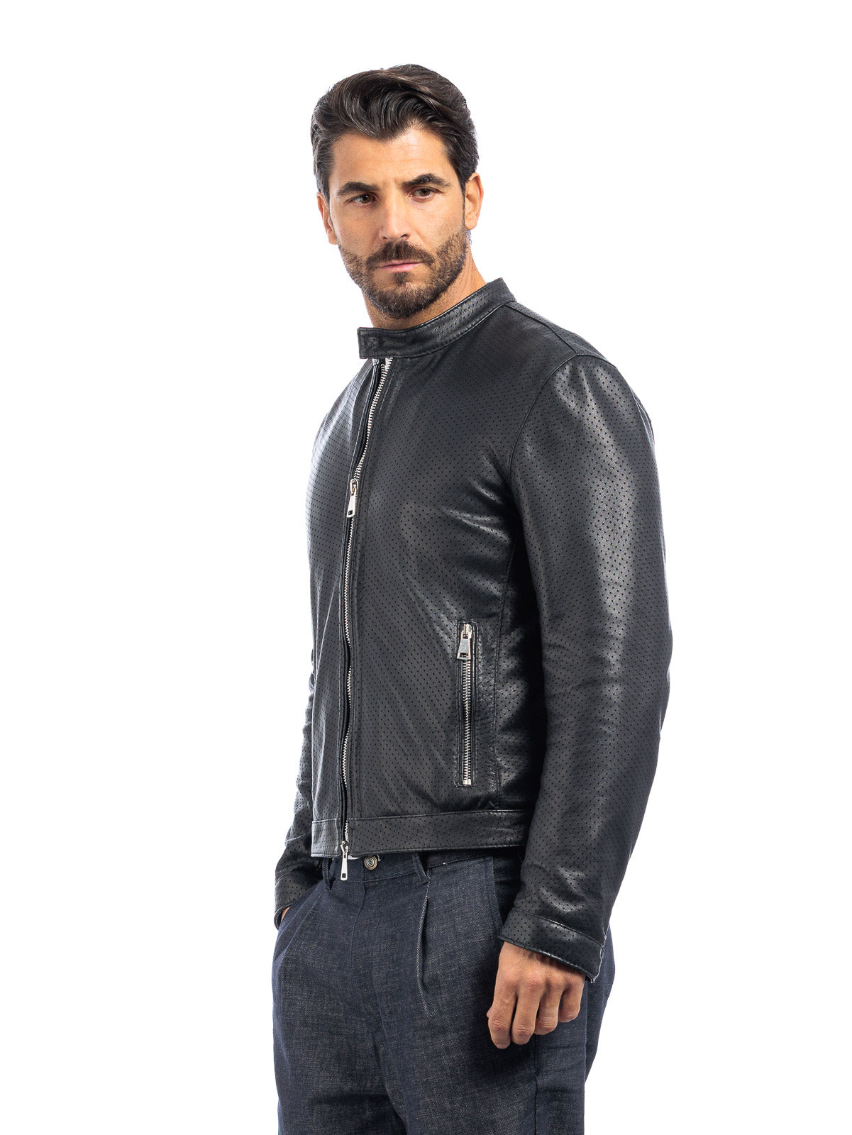 Giacca biker in pelle uomo nero traforato