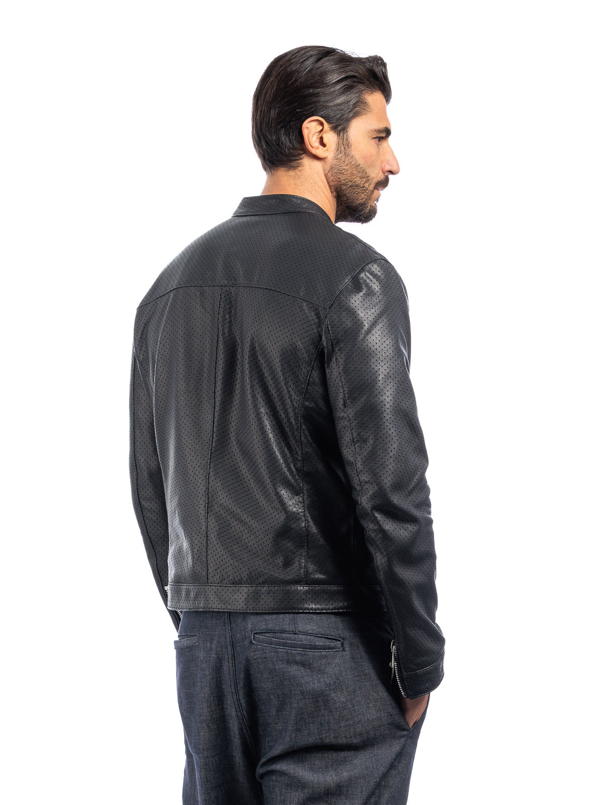 Giacca biker in pelle uomo nero traforato