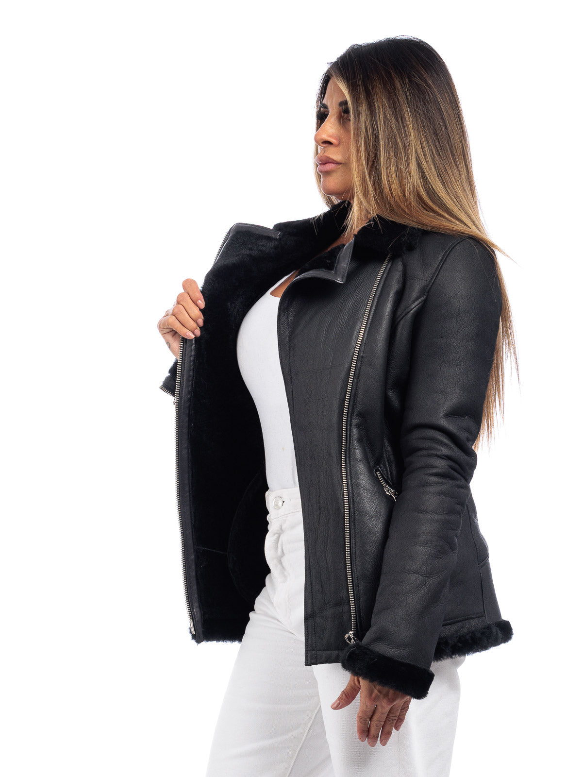 Giacca chiodo montone nero pelo nero linea OVER