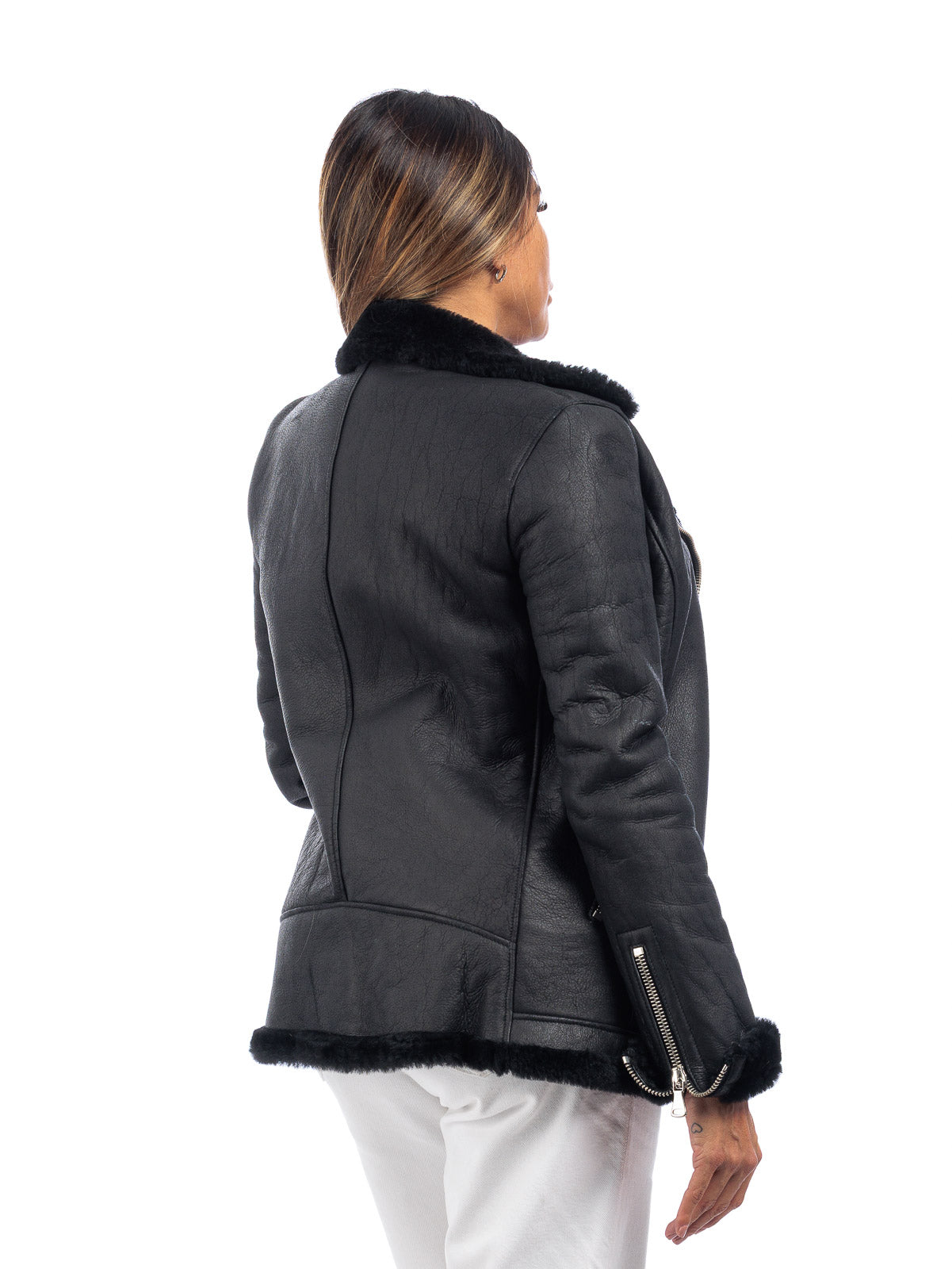 Giacca chiodo montone nero pelo nero linea OVER