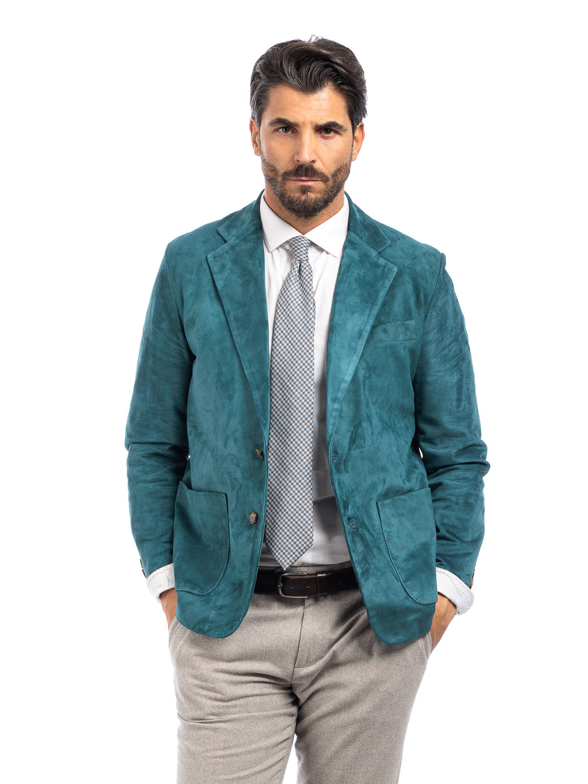 Giacca classica in camoscio uomo con spacchi laterali smeraldo