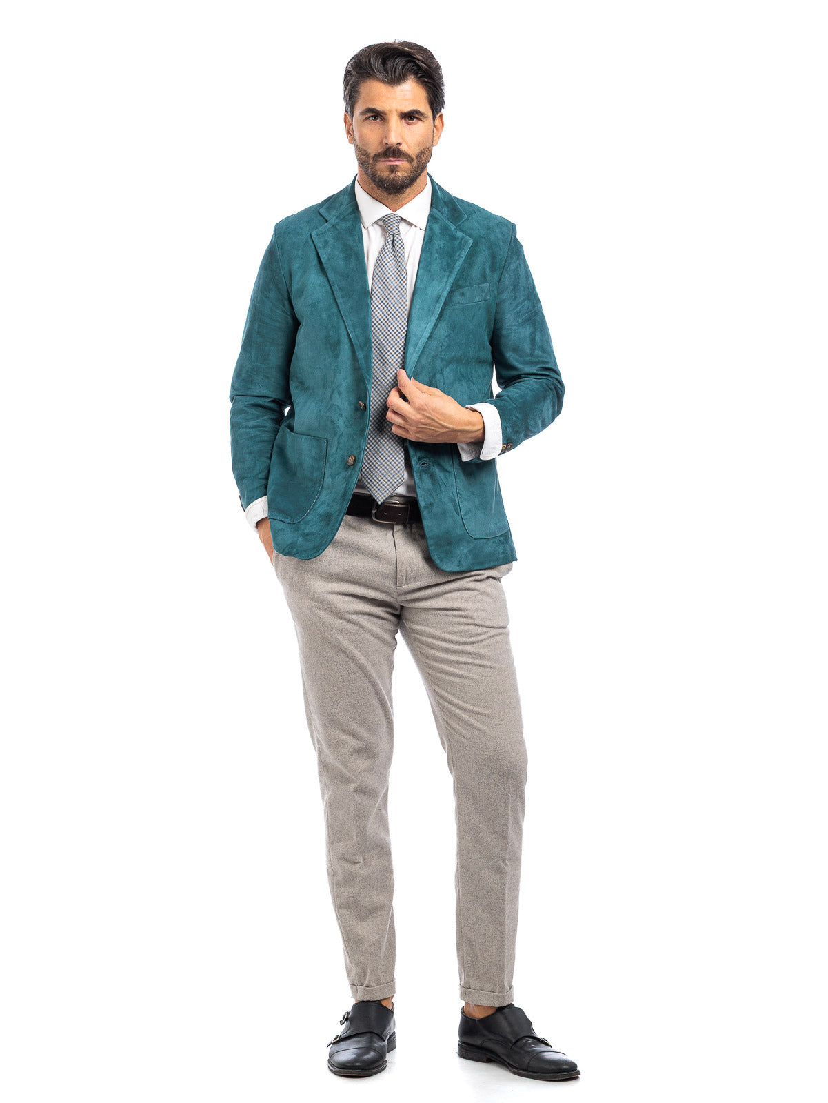 Giacca classica in camoscio uomo con spacchi laterali smeraldo