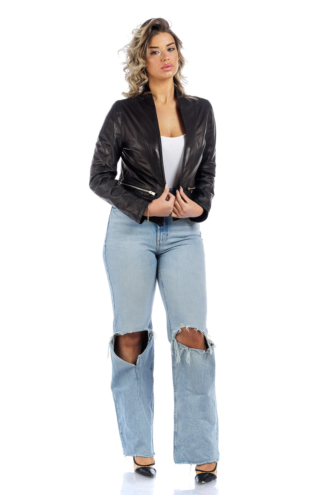 Giacca corpetto lungo in pelle donna nero