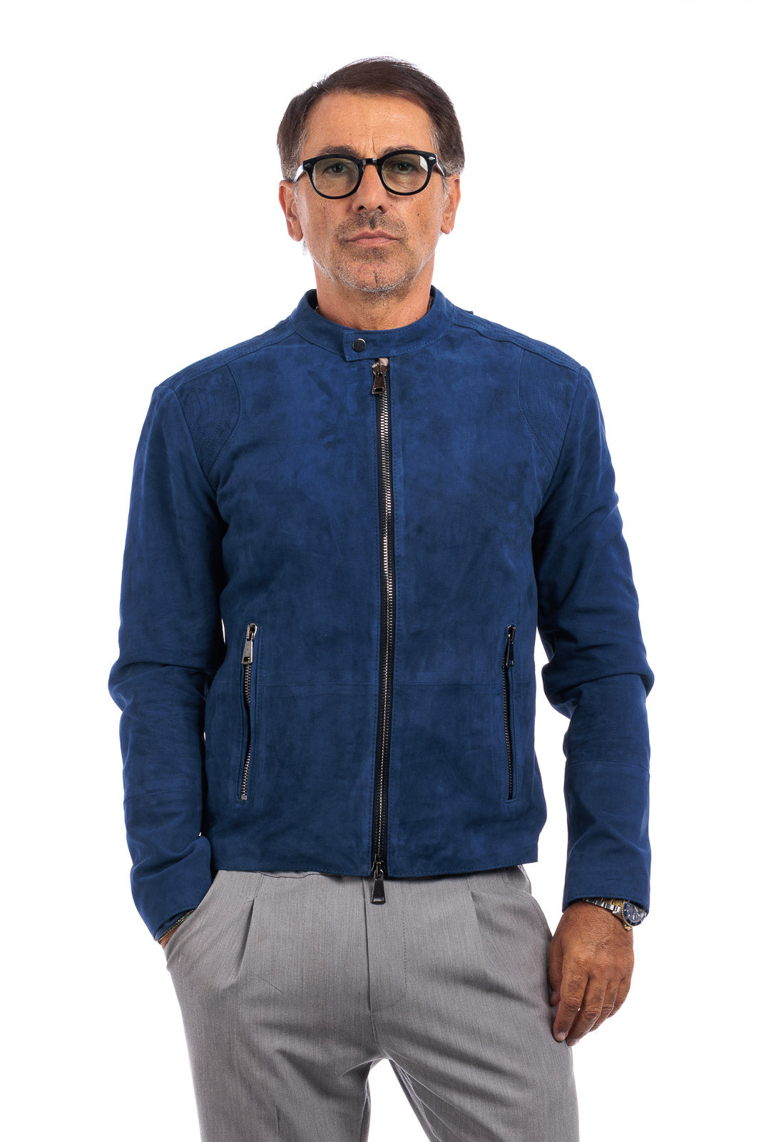Giacca in camoscio di renna uomo con zip PP blu