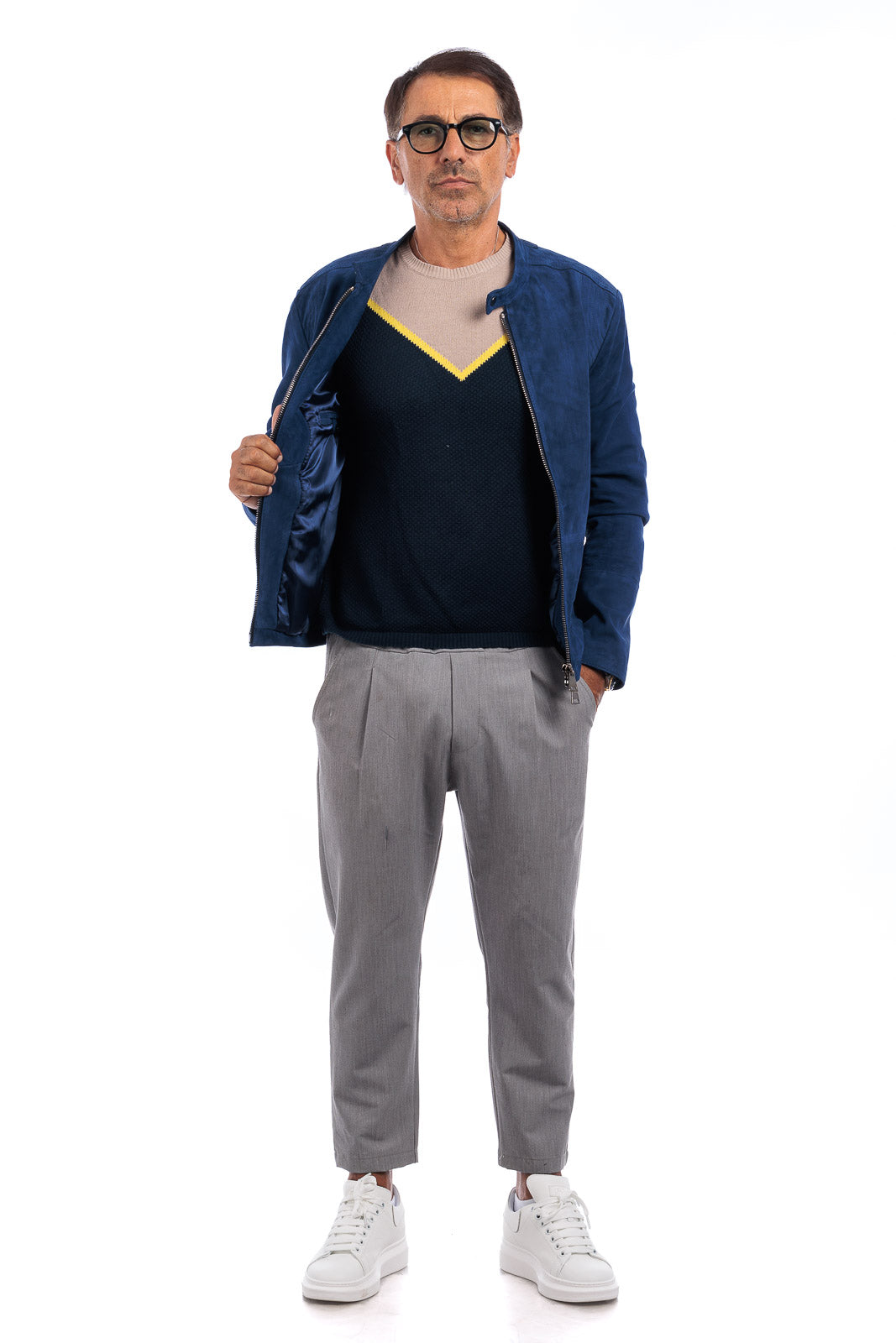 Giacca in camoscio di renna uomo con zip PP blu