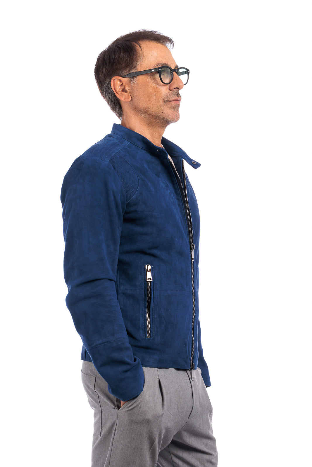 Giacca in camoscio di renna uomo con zip PP blu