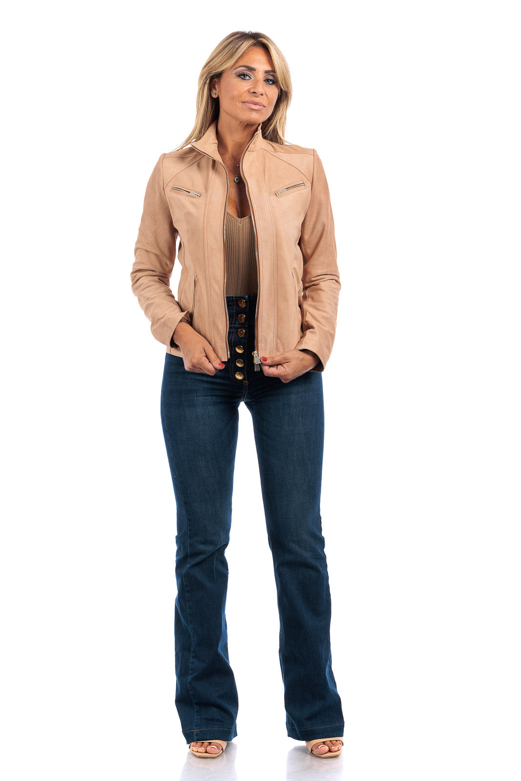 Giacca in camoscio donna con zip pulse cipria
