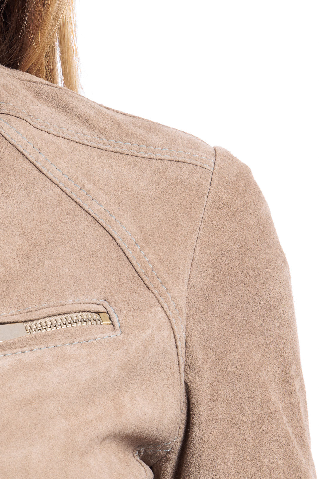 Giacca in camoscio donna con zip pulse sabbia e celeste