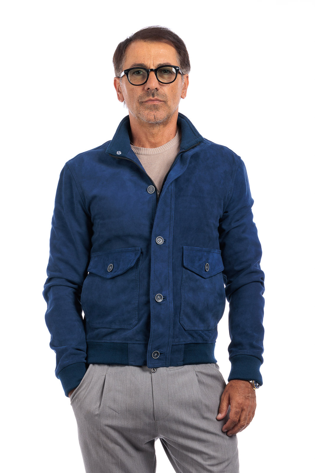 Bomber in camoscio uomo con bottoni e zip VAST blu