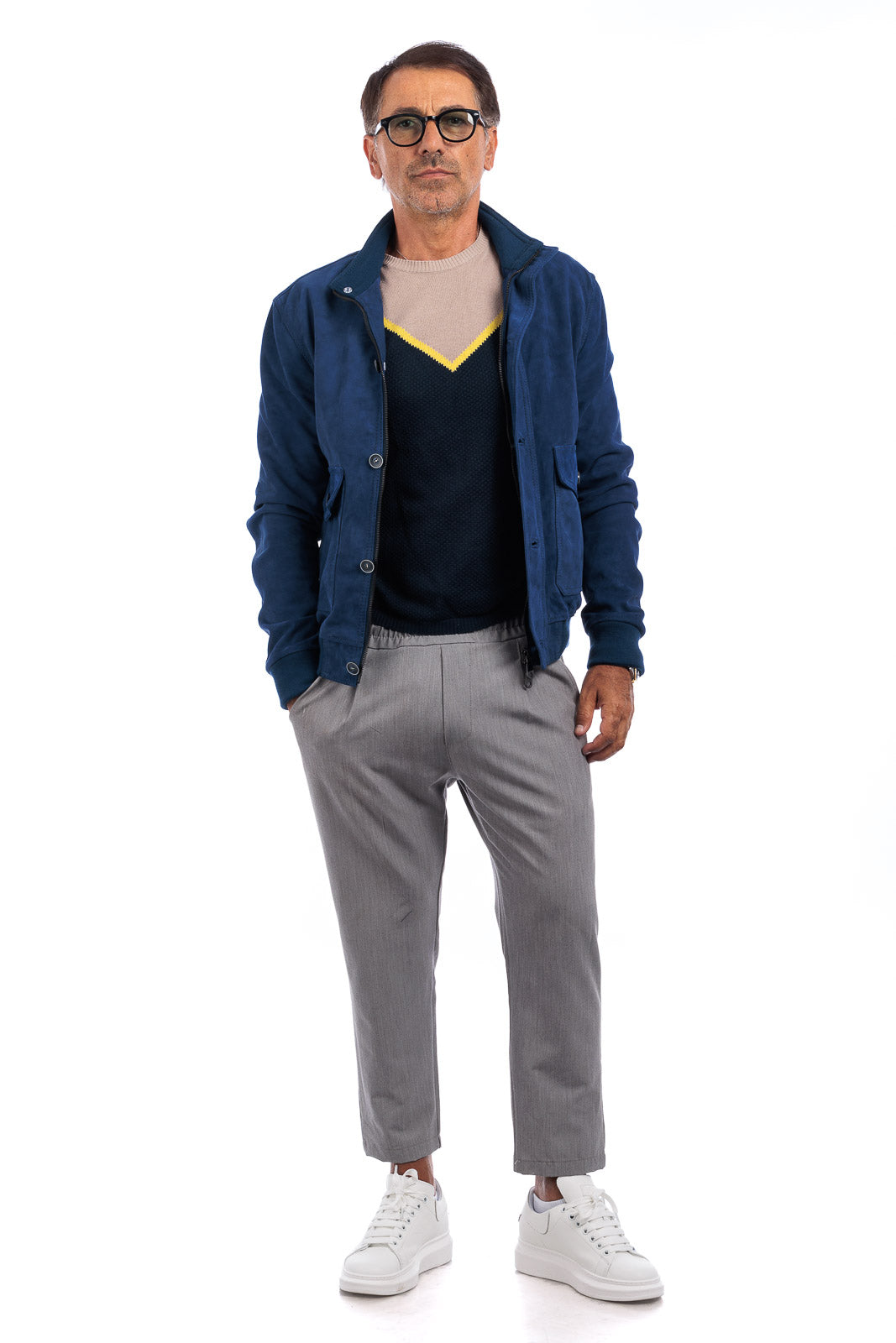 Bomber in camoscio uomo con bottoni e zip VAST blu