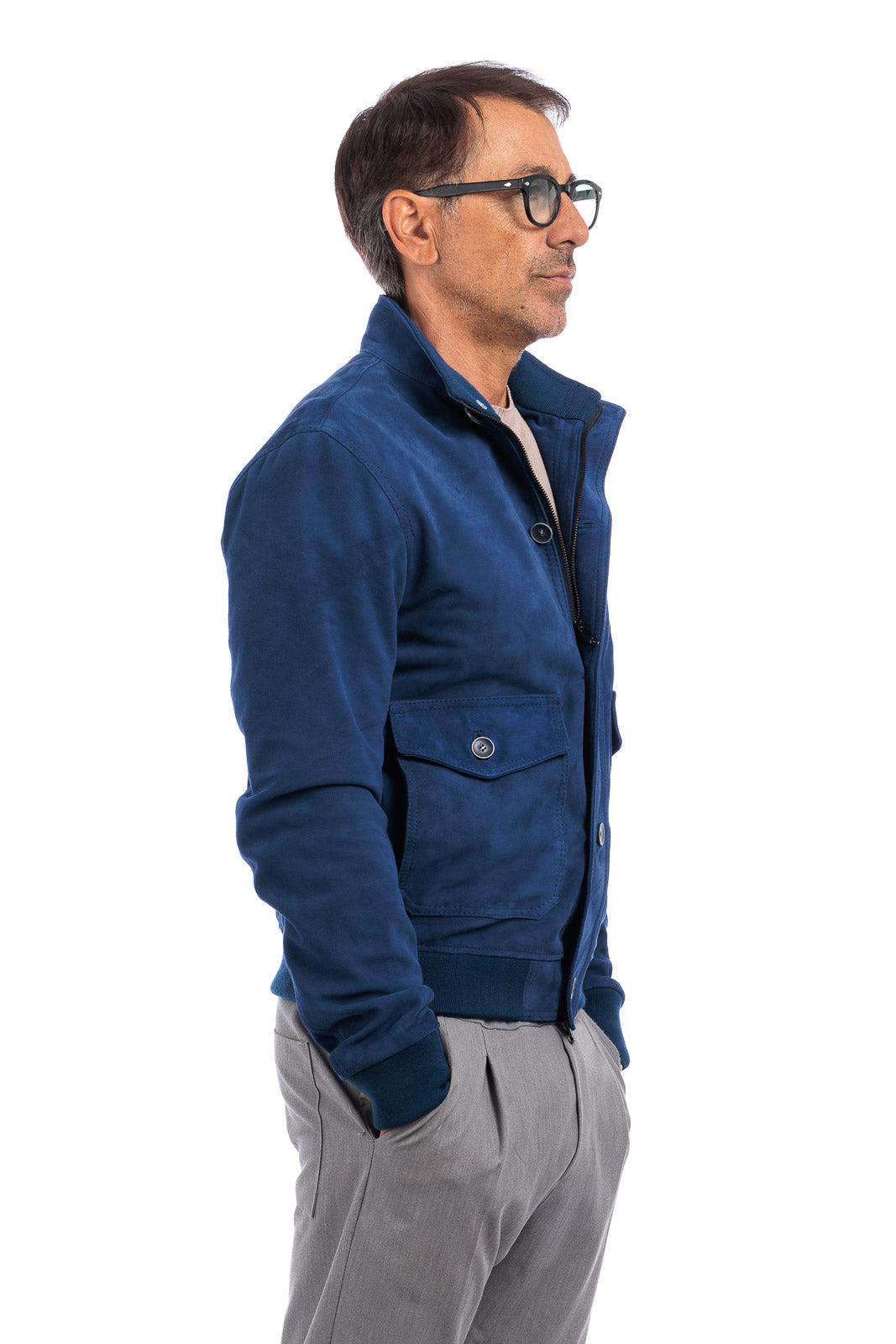 Bomber in camoscio uomo con bottoni e zip VAST blu