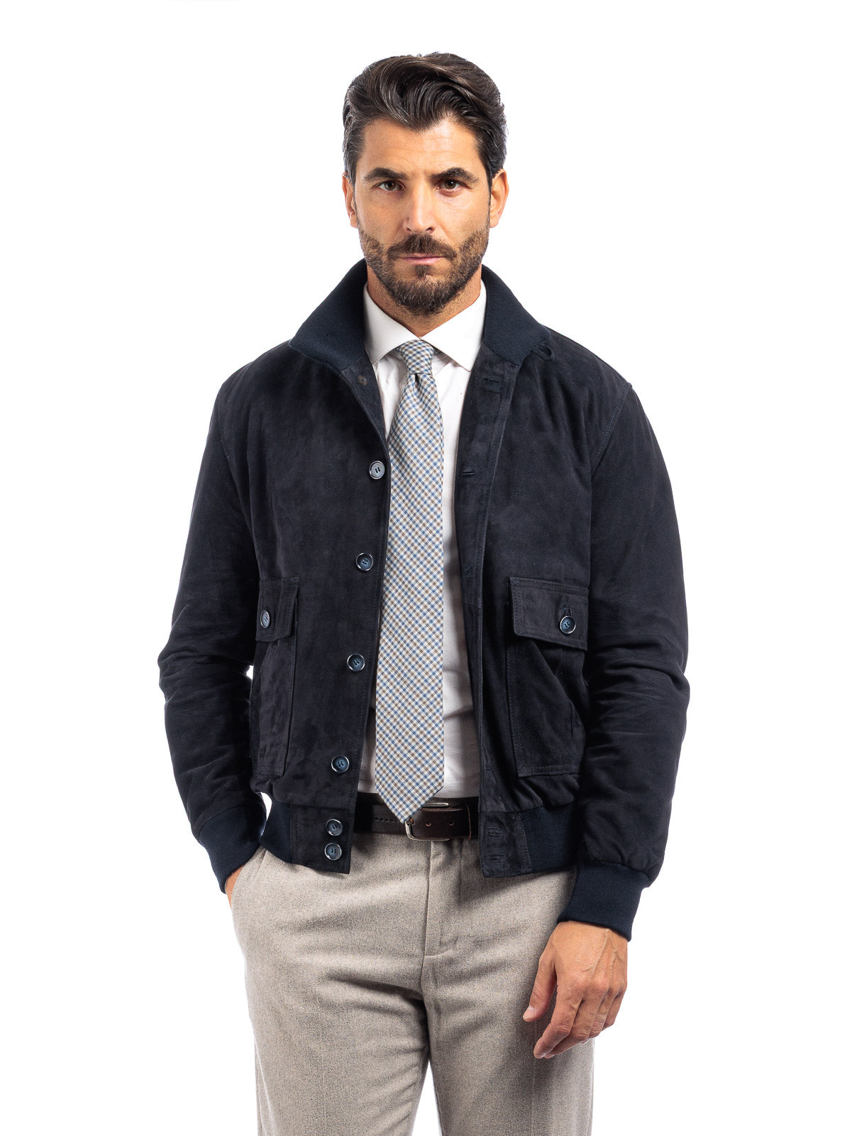 Bomber in camoscio uomo con bottoni e zip VAST blu ocean