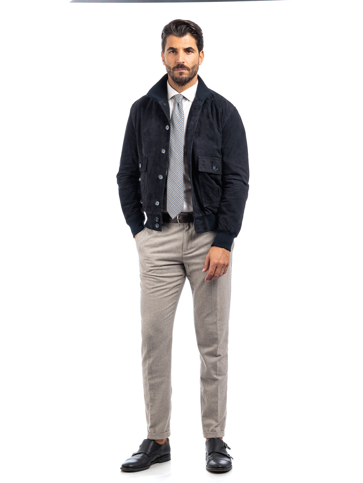 Bomber in camoscio uomo con bottoni e zip VAST blu ocean