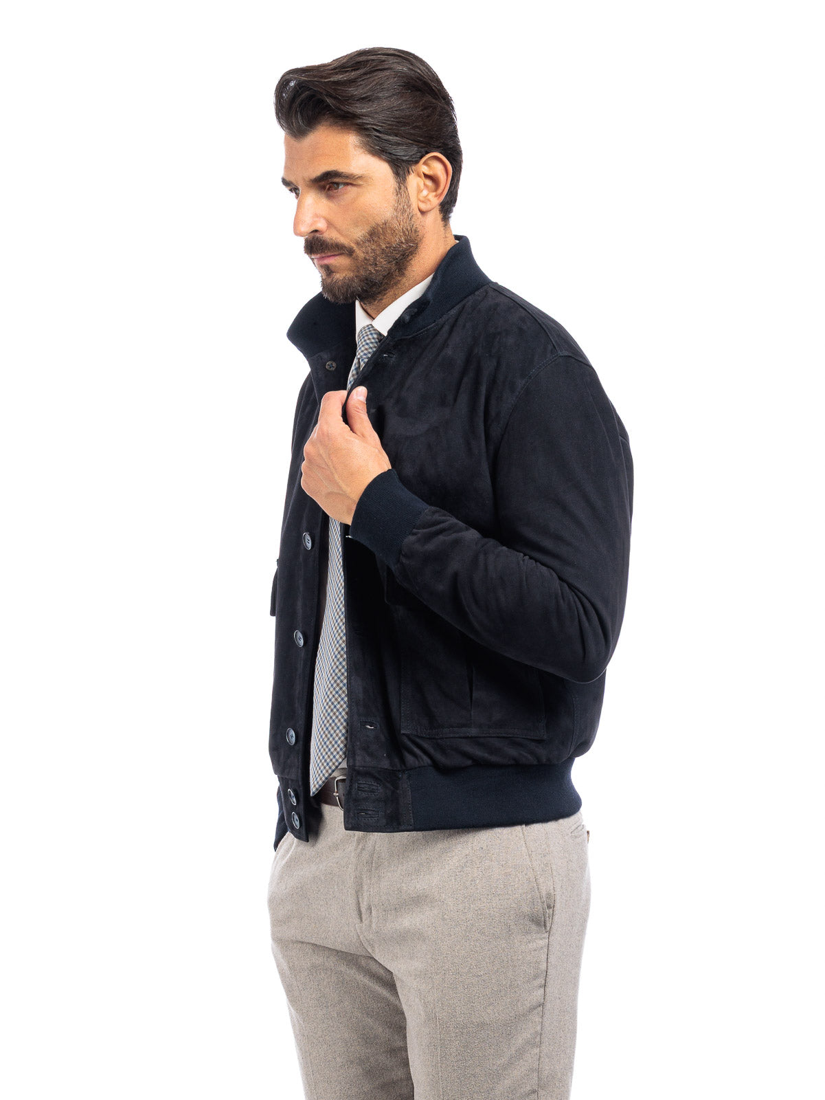 Bomber in camoscio uomo con bottoni e zip VAST blu ocean