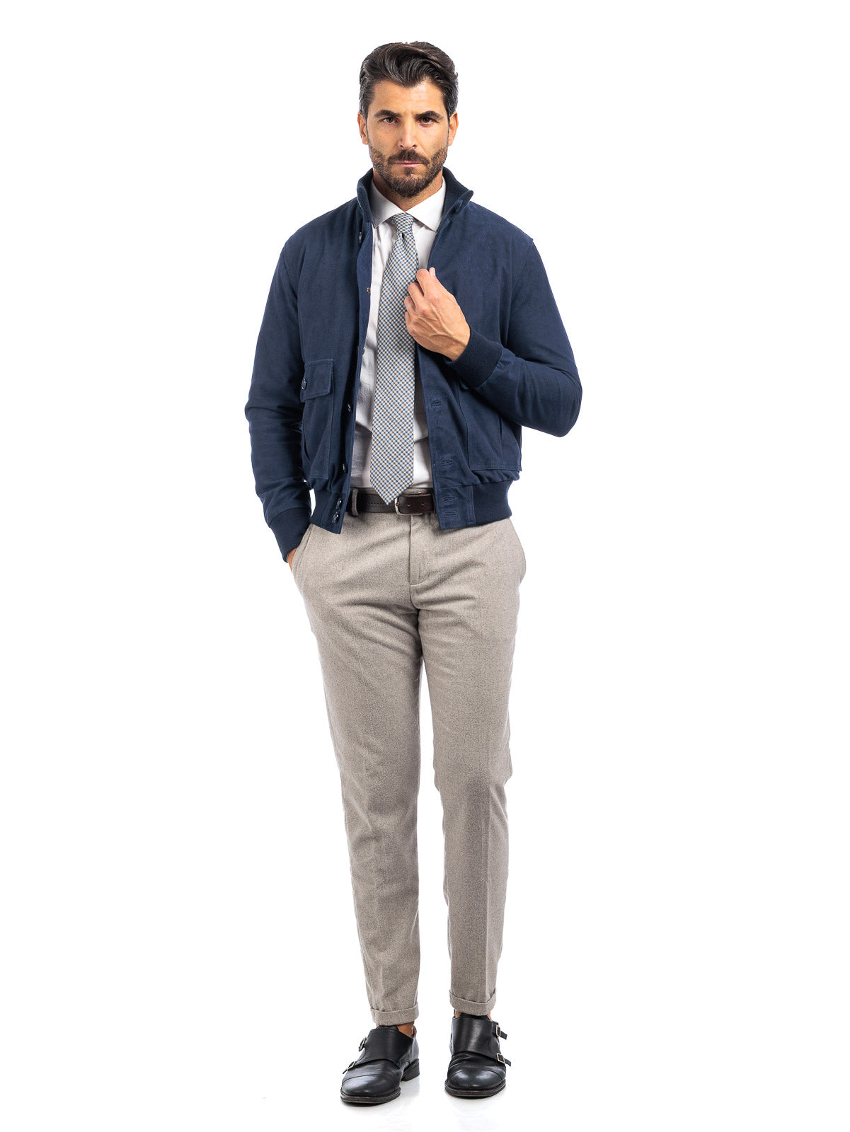 Bomber in camoscio uomo con bottoni e zip VAST blu