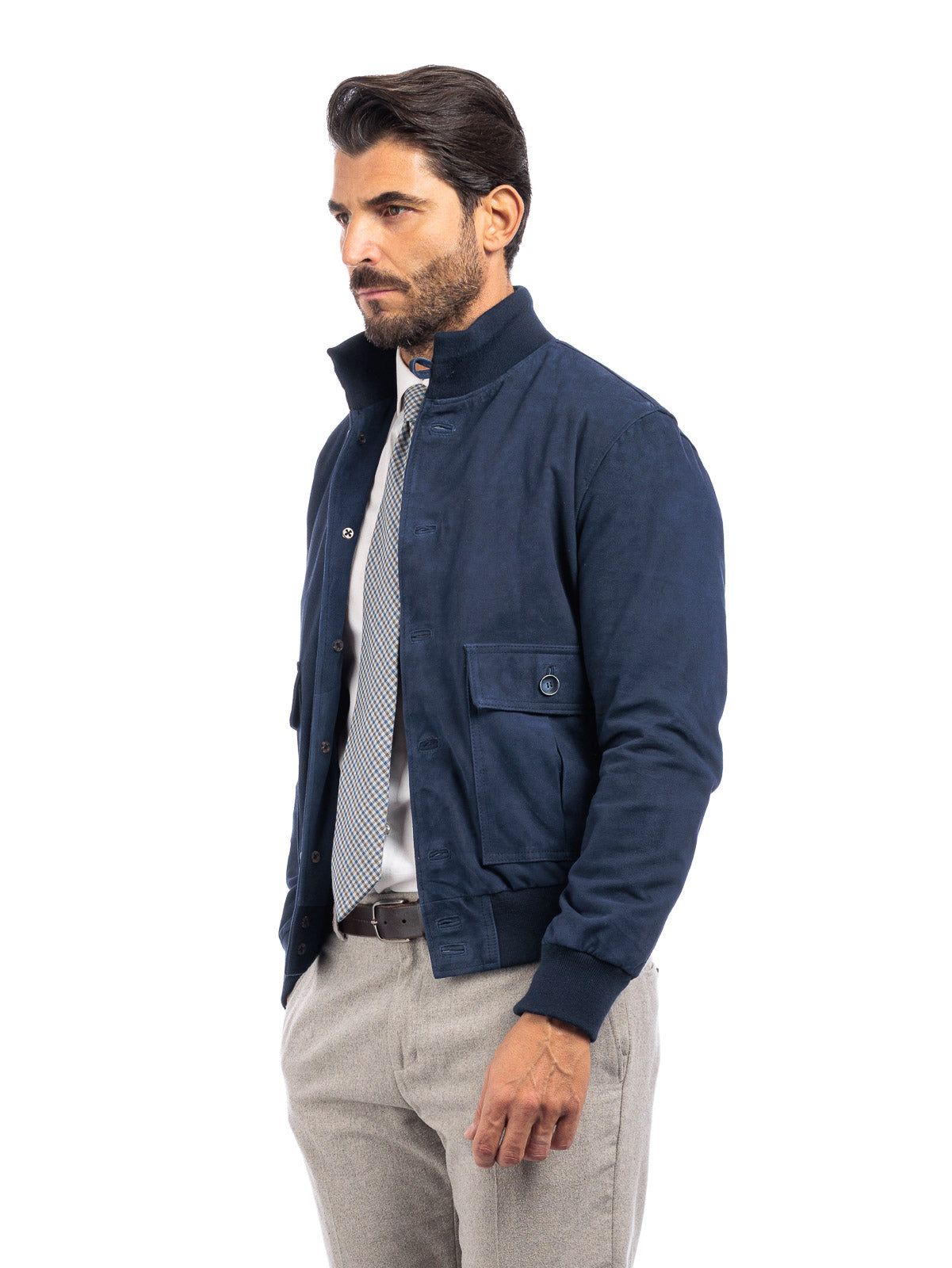 Bomber in camoscio uomo con bottoni e zip VAST blu