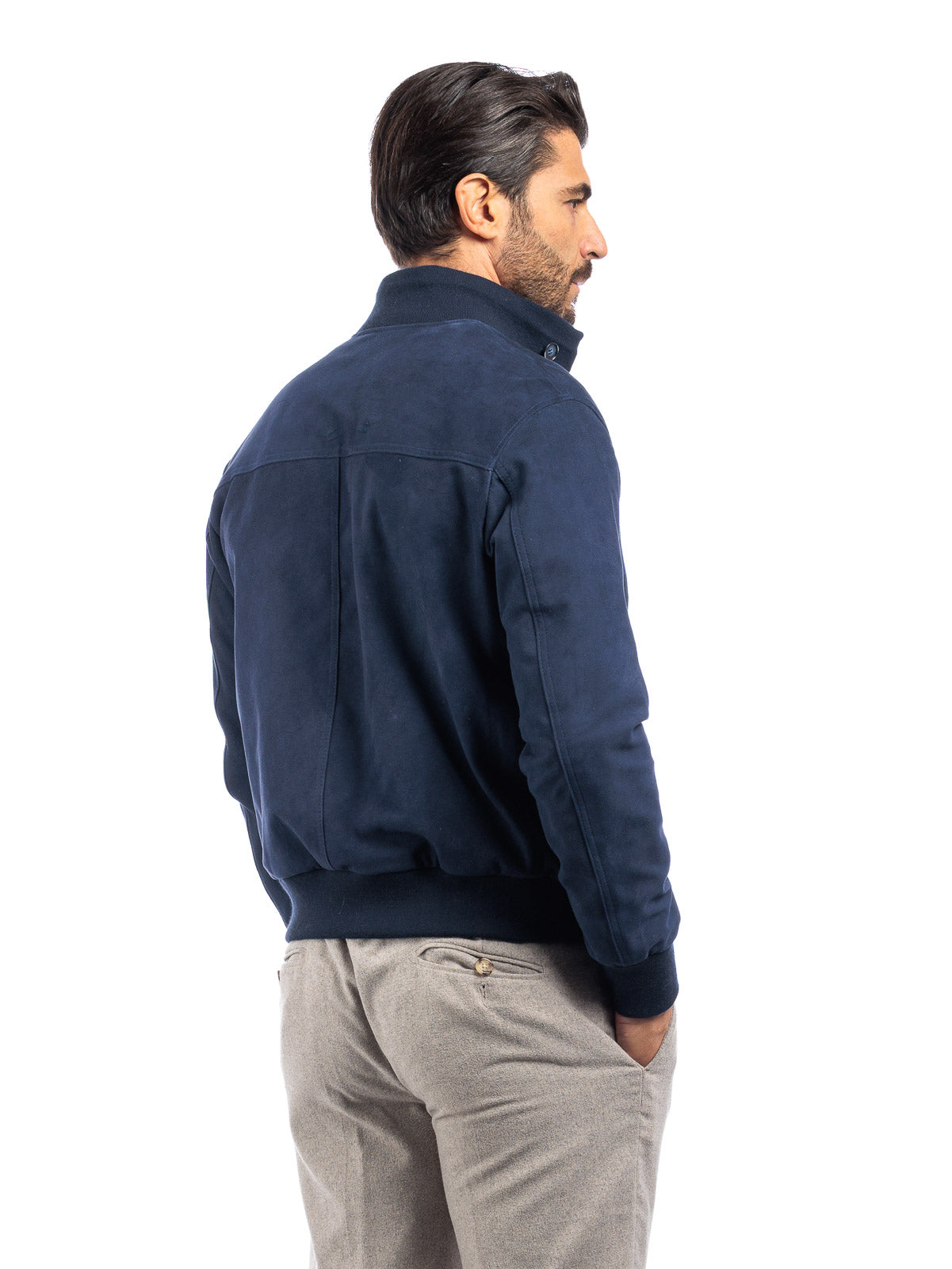 Bomber in camoscio uomo con bottoni e zip VAST blu