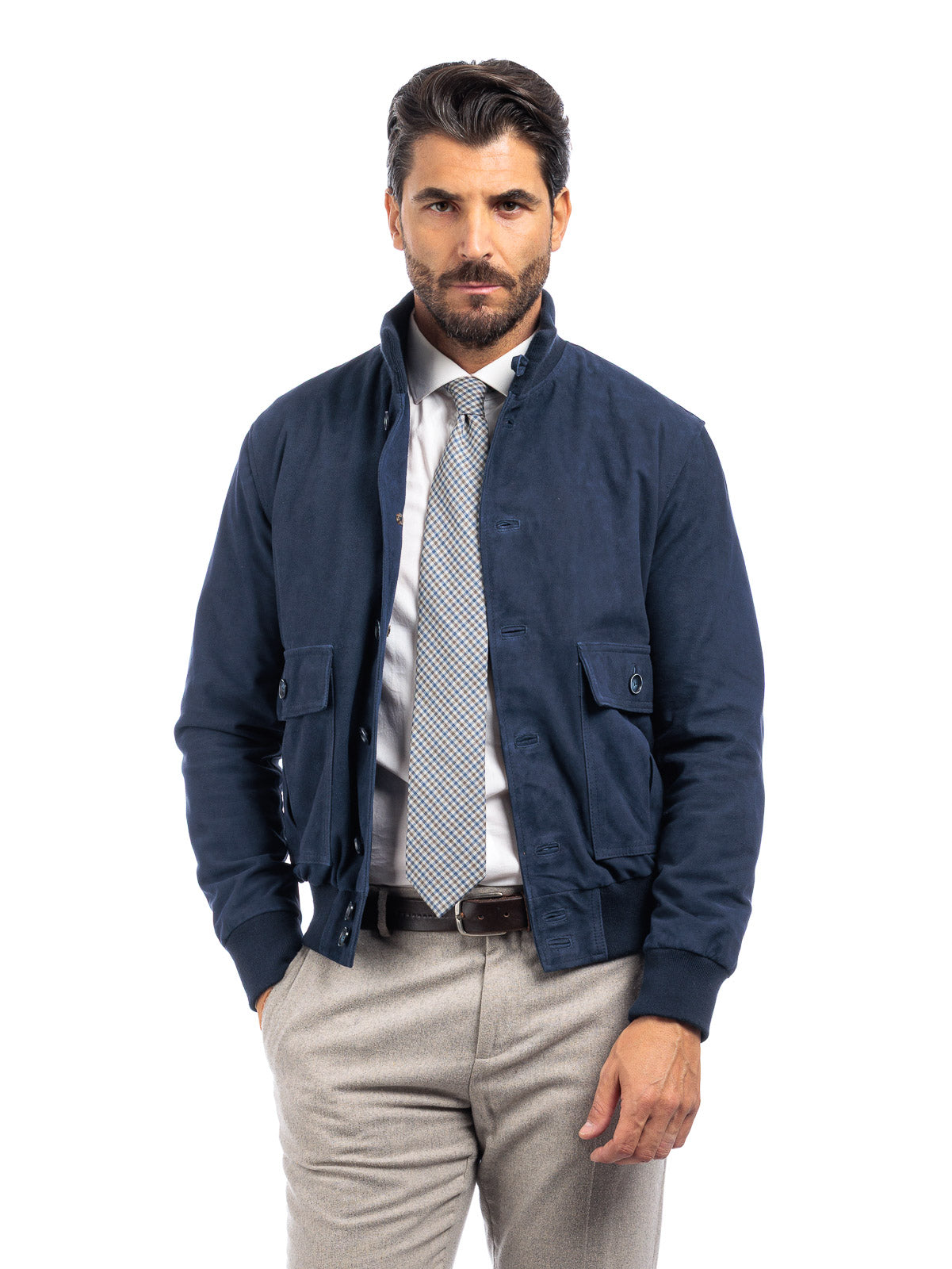 Bomber in camoscio uomo con bottoni e zip VAST blu