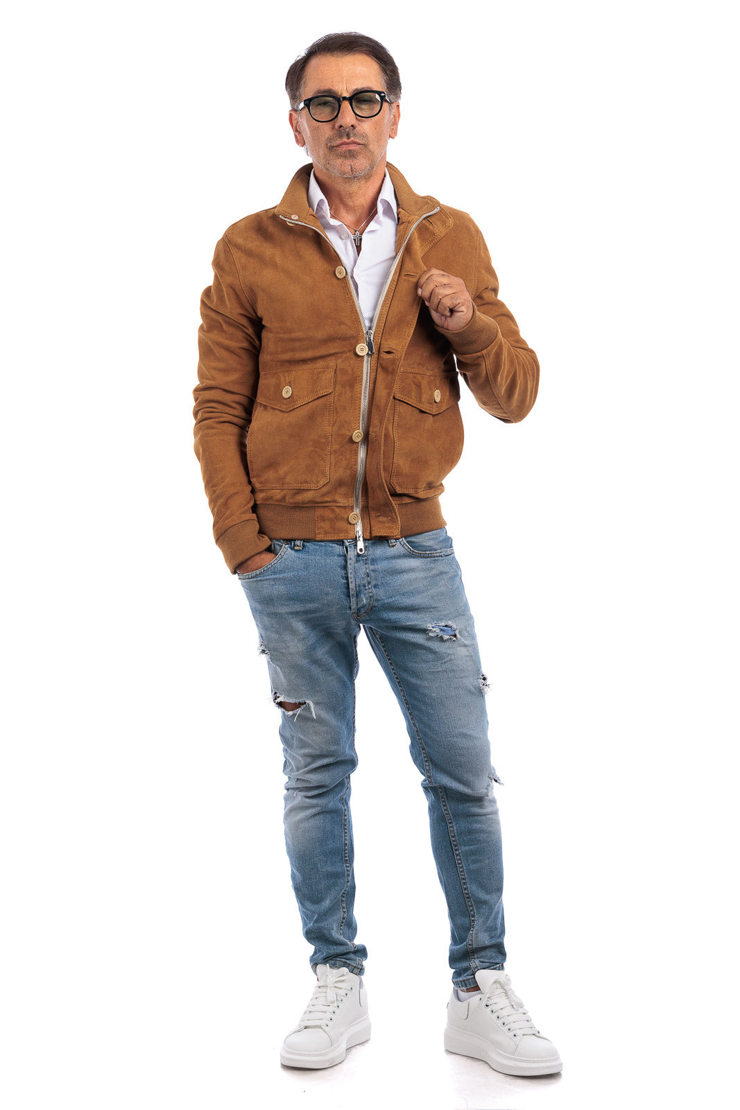 Bomber in camoscio uomo con bottoni e zip VAST whisky