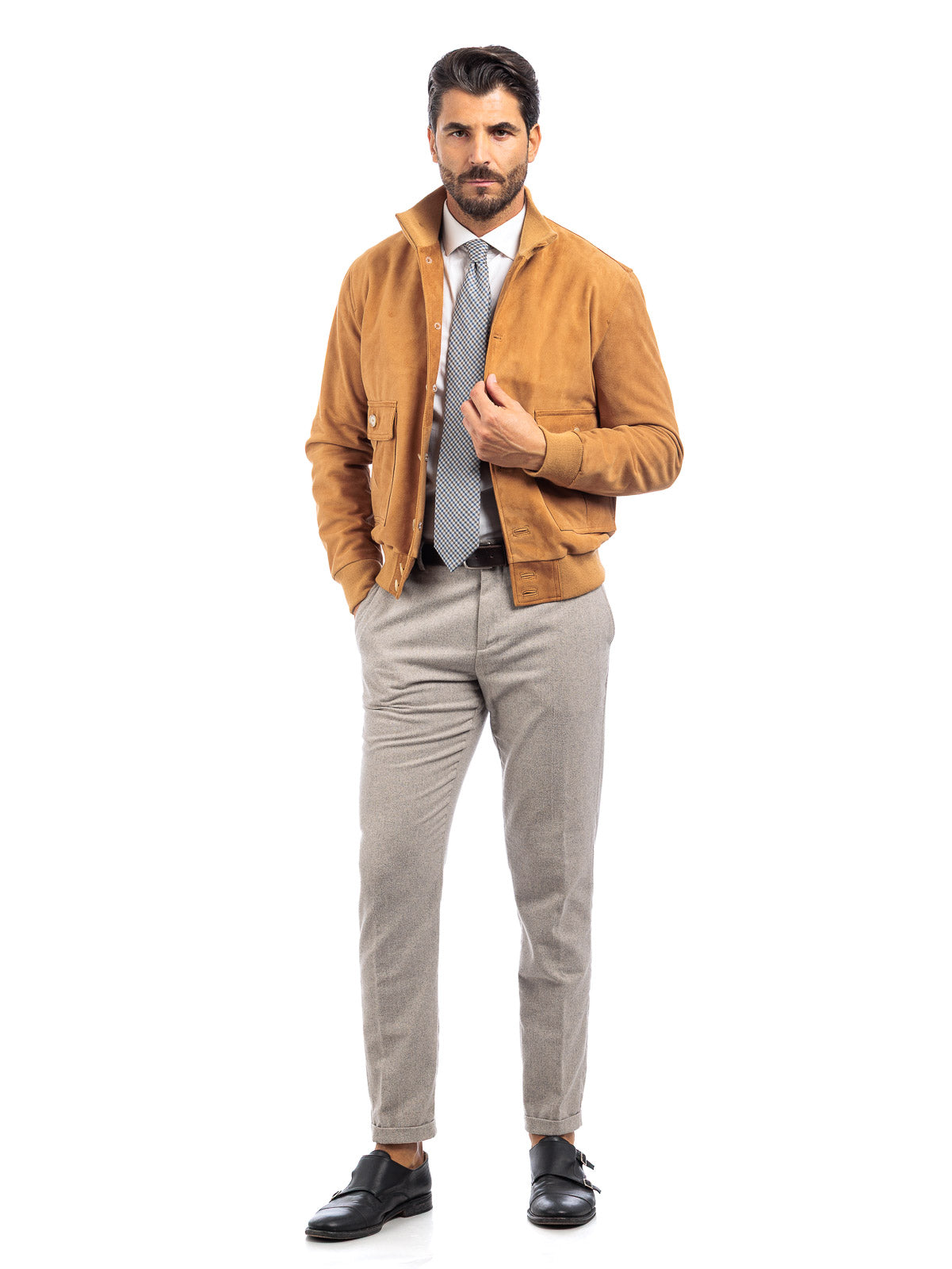 Bomber in camoscio uomo con bottoni e zip VAST whisky