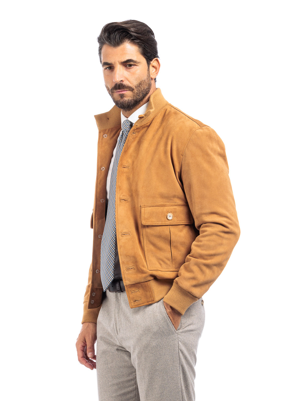 Bomber in camoscio uomo con bottoni e zip VAST whisky