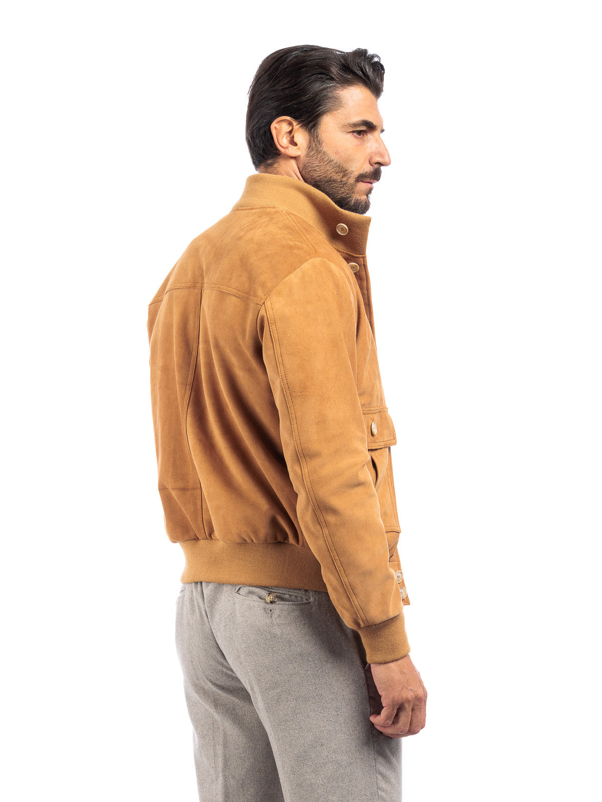 Bomber in camoscio uomo con bottoni e zip VAST whisky