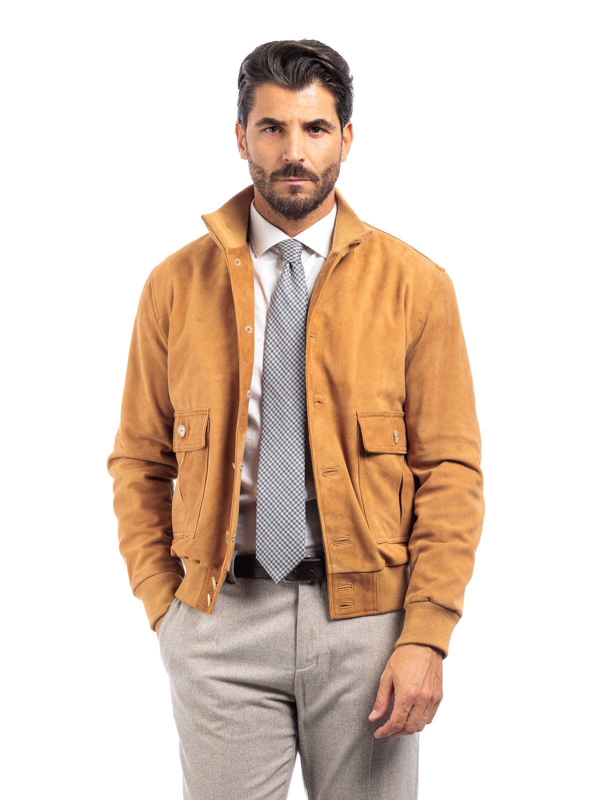 Bomber in camoscio uomo con bottoni e zip VAST whisky