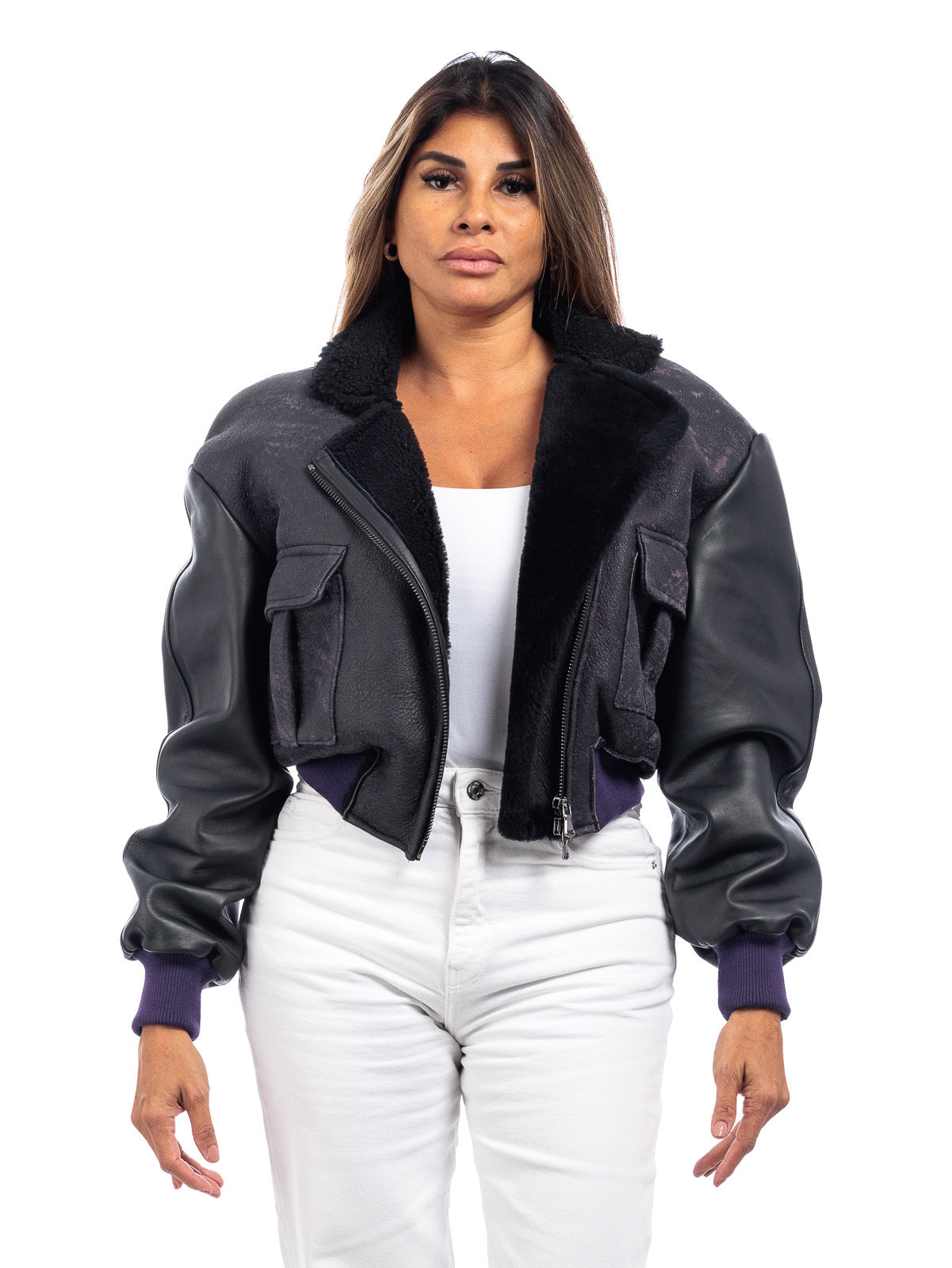 Giacca in montone viola da donna con zip e maniche in pelle - linea OVER