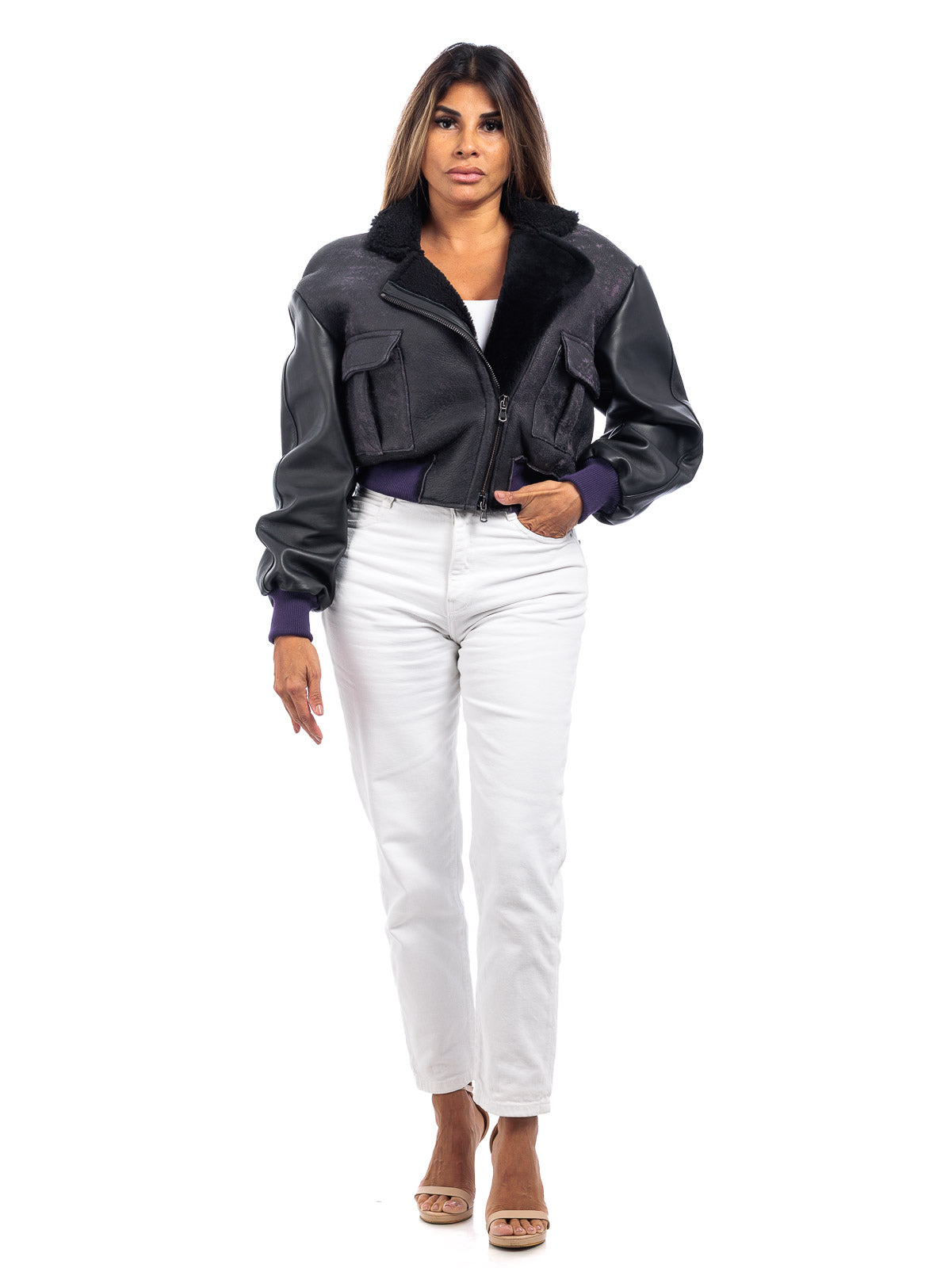Giacca in montone viola da donna con zip e maniche in pelle - linea OVER
