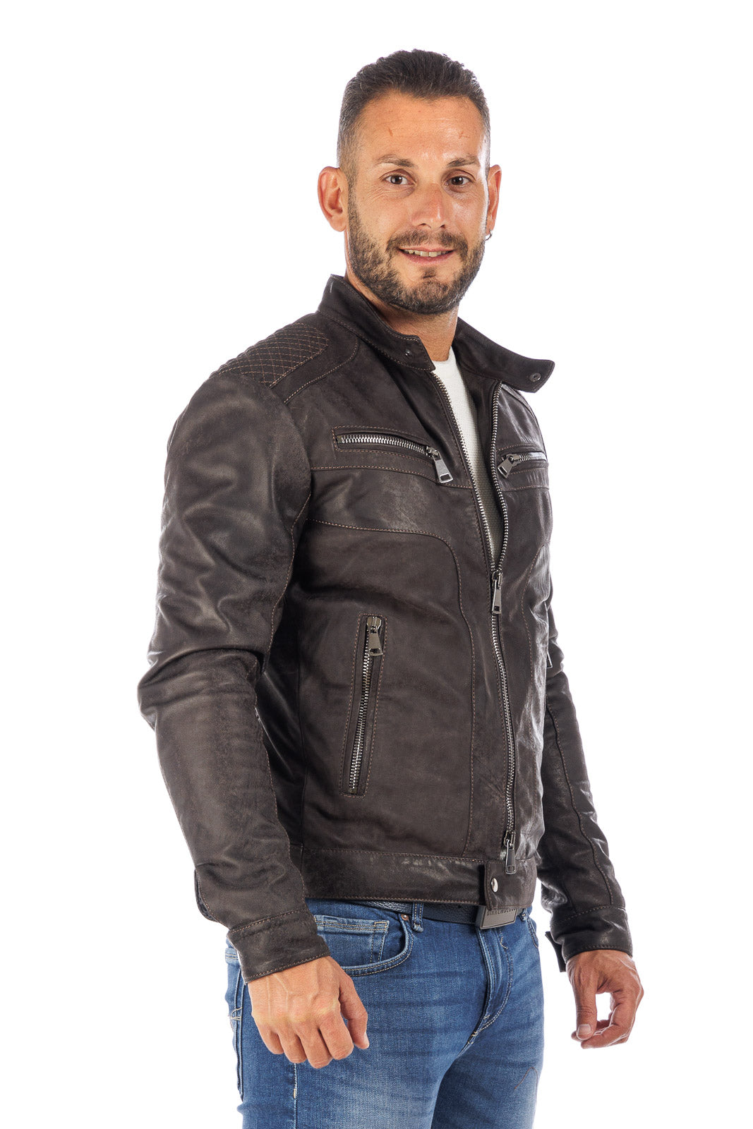 Giacca in pelle testa di moro vintage naturale con zip Triumph