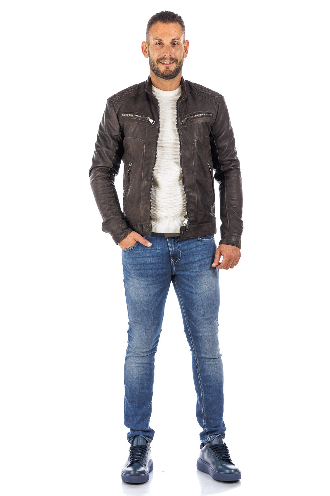 Giacca in pelle testa di moro vintage naturale con zip Triumph