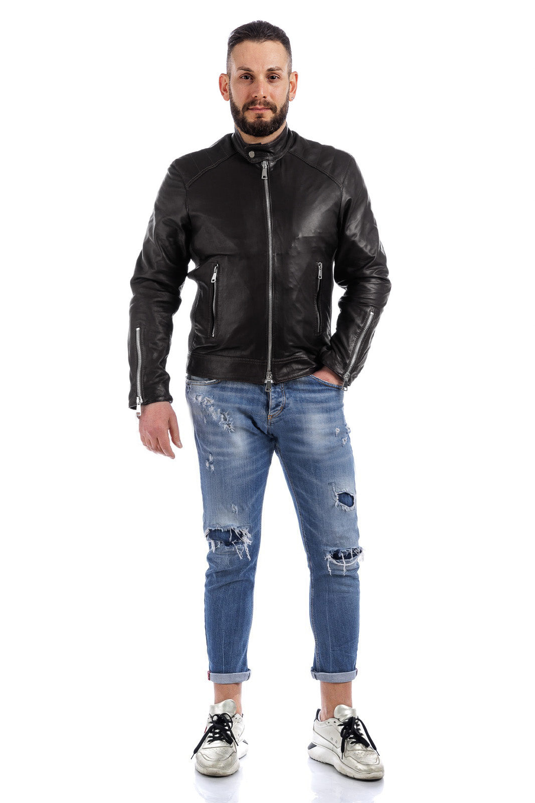 Giacca in pelle con zip PIT nero con lana elasticizzata
