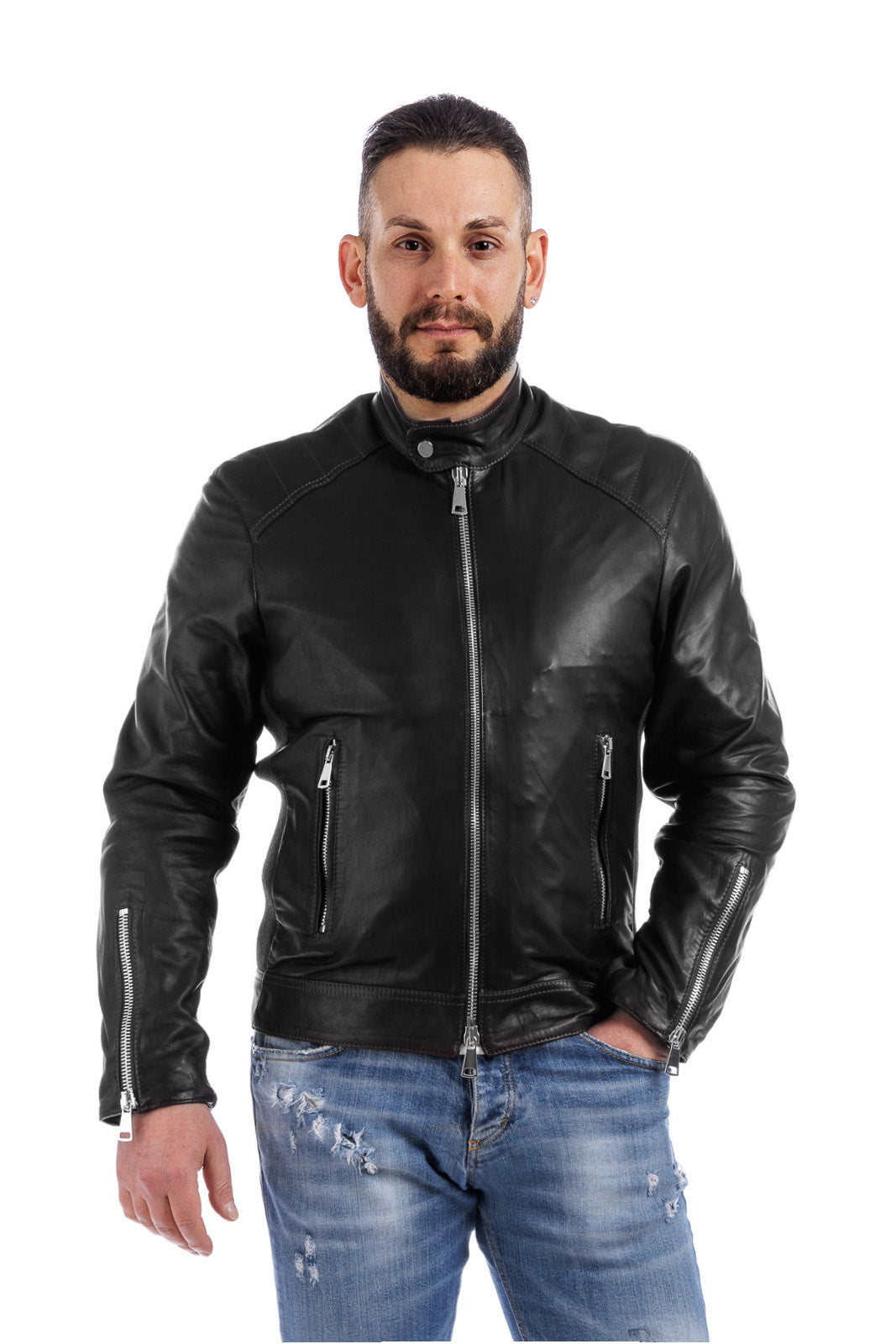 Giacca in pelle con zip PIT nero con lana elasticizzata