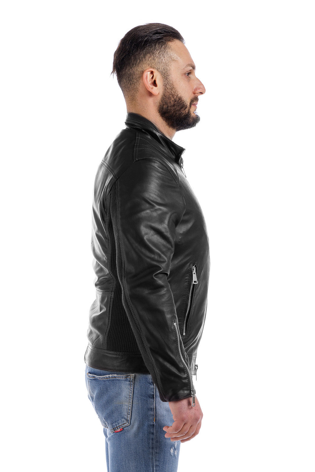 Giacca in pelle con zip PIT nero con lana elasticizzata