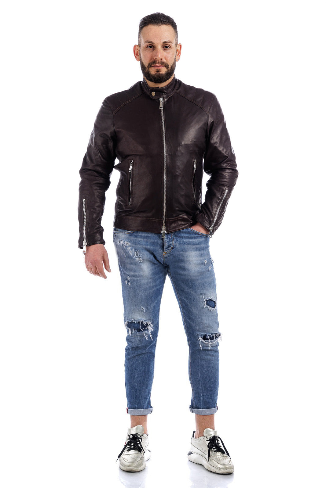 Giacca in pelle con zip PIT testa di moro con lana elasticizzata