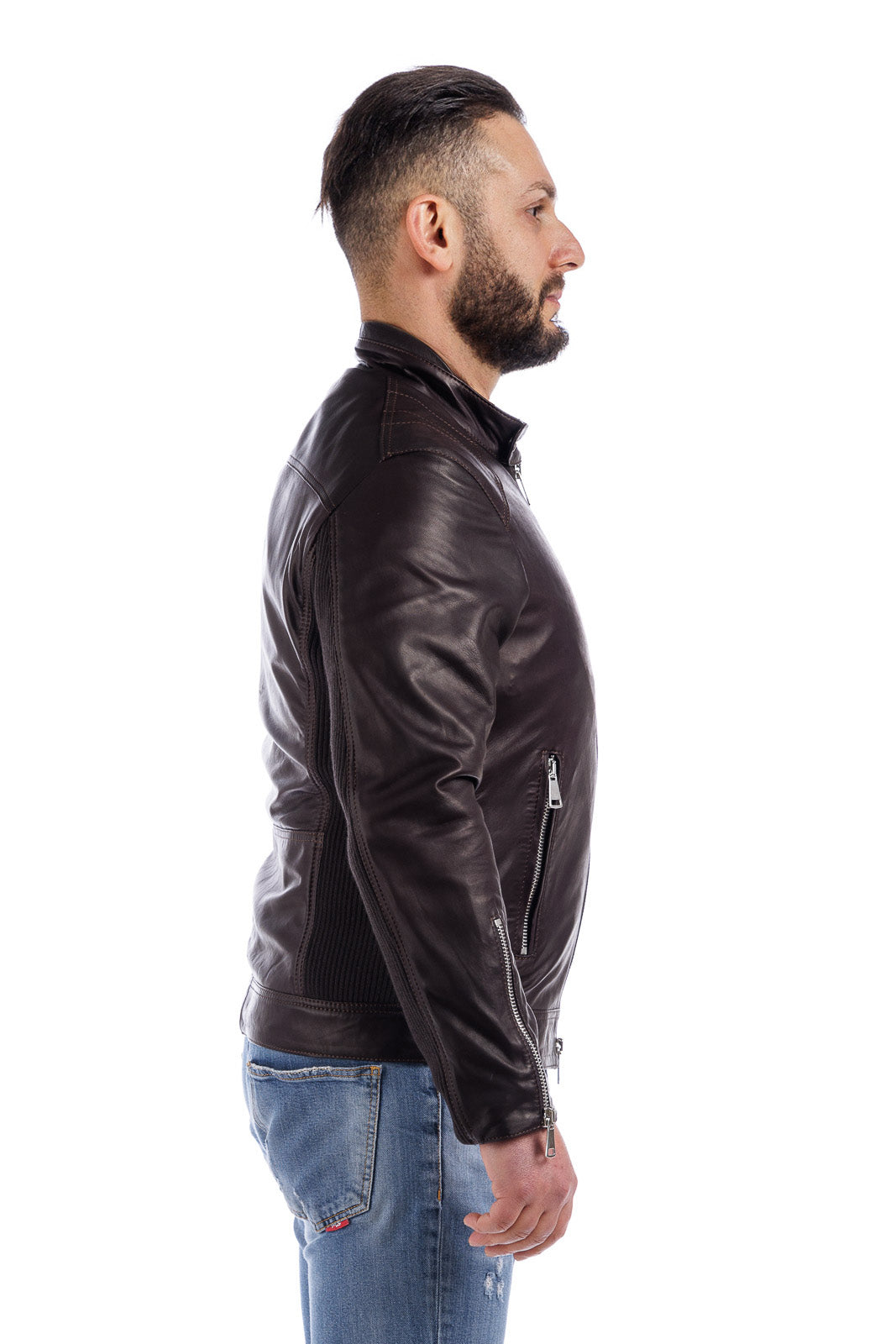 Giacca in pelle con zip PIT testa di moro con lana elasticizzata