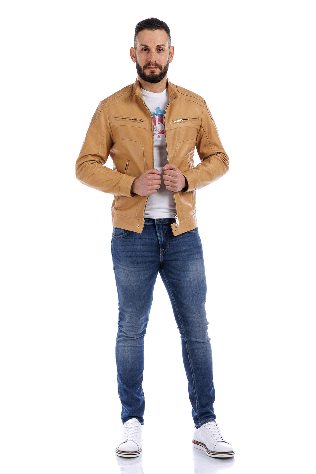 Giacca in pelle con zip sabbia trapuntata