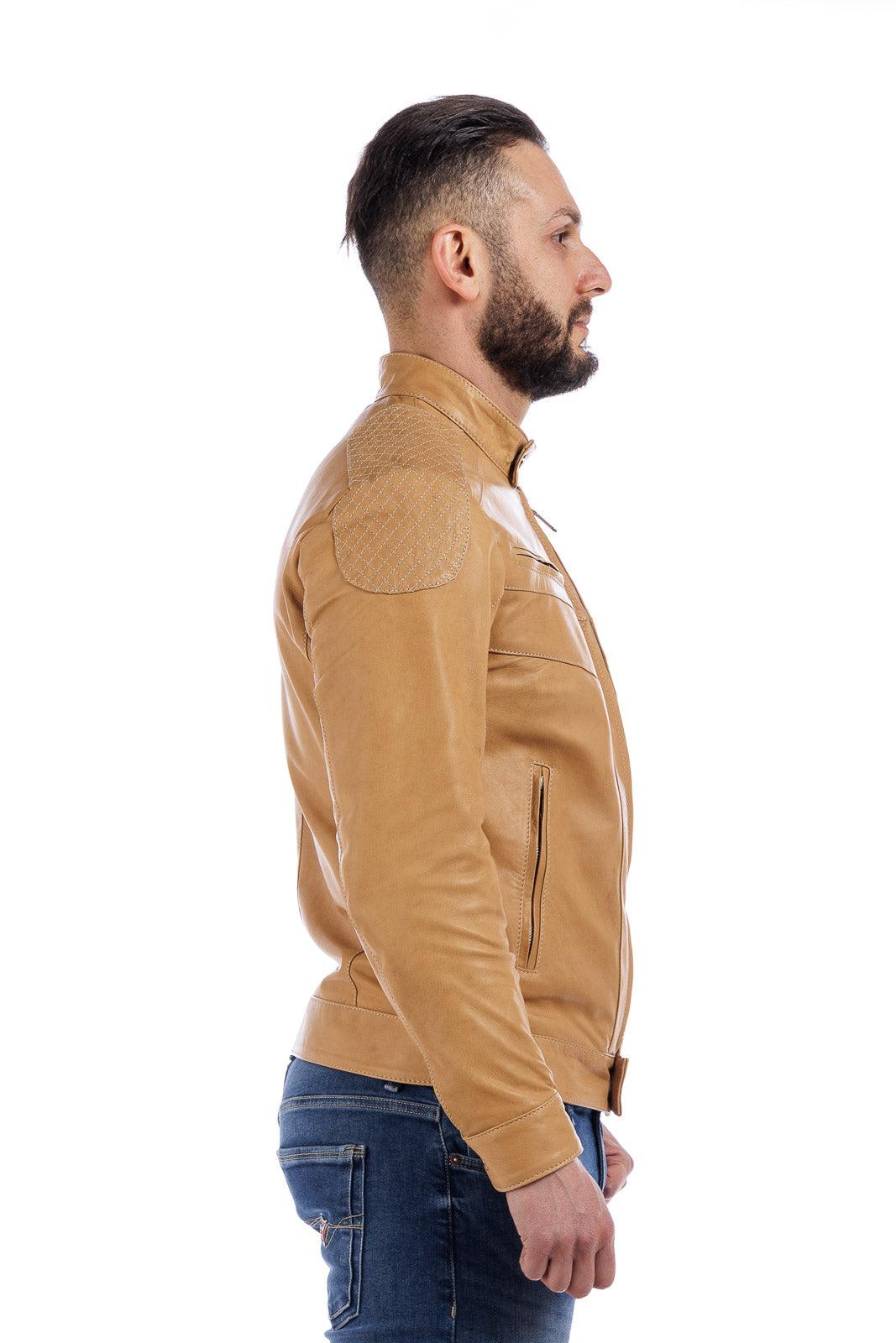 Giacca in pelle con zip sabbia trapuntata