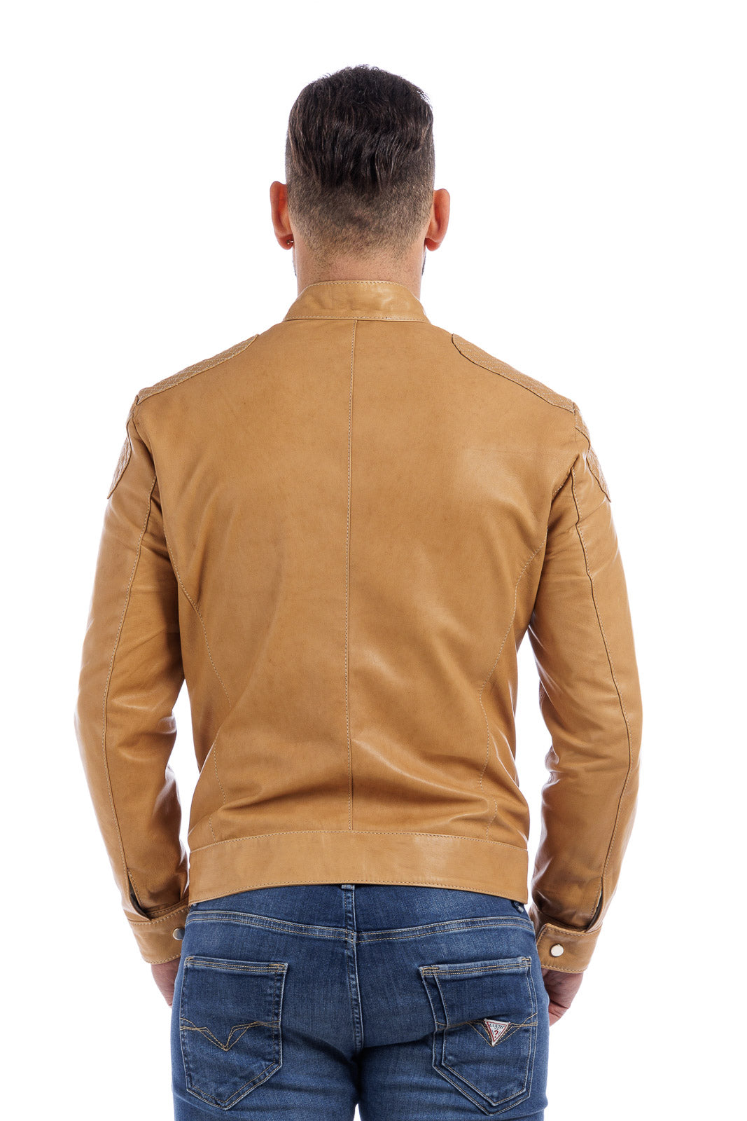 Giacca in pelle con zip sabbia trapuntata