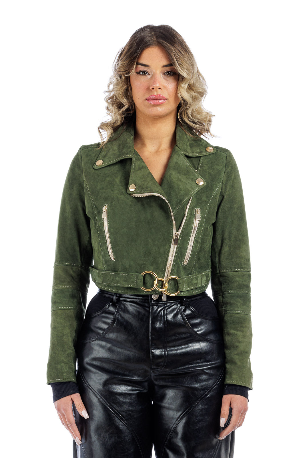 Giacca chiodo in camoscio di renna donna con zip BELT verde