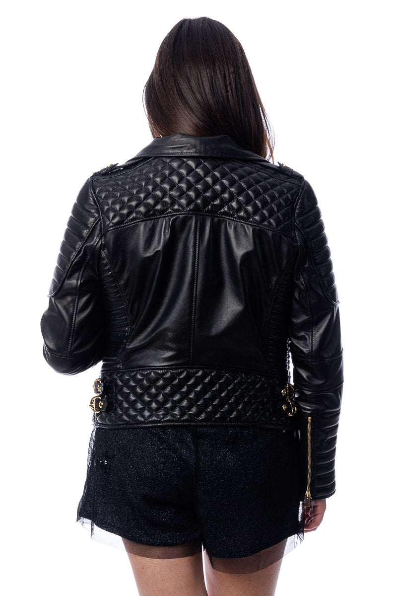 Giacca in pelle donna con zip chiodo 3000 punti a mano
