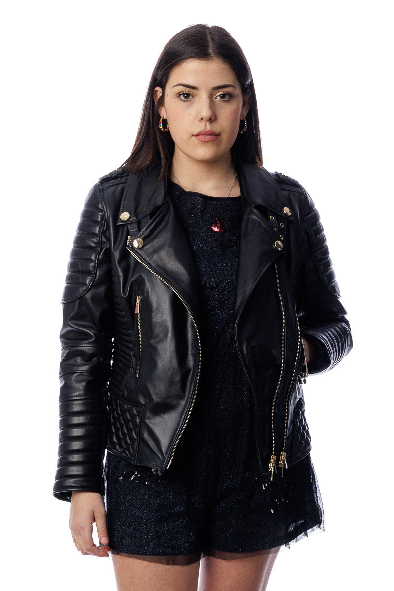 Giacca in pelle donna con zip chiodo 3000 punti a mano