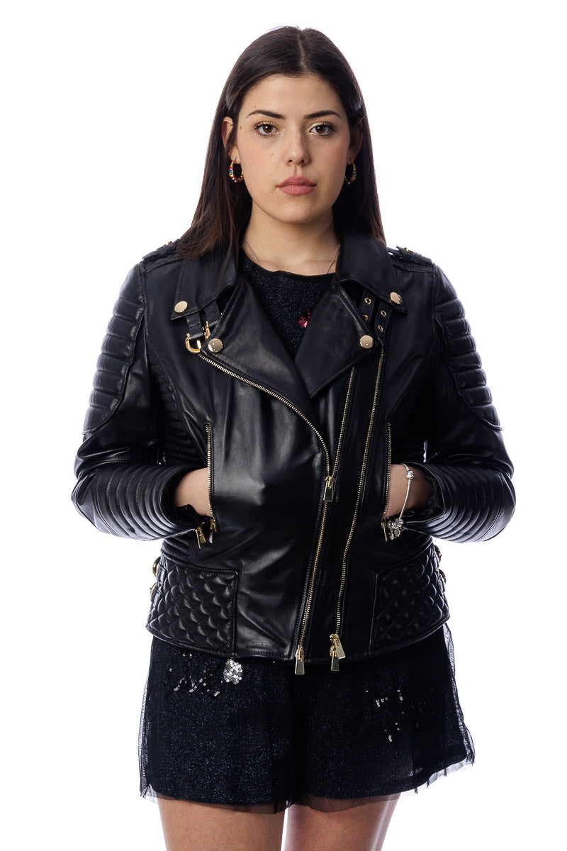Giacca in pelle donna con zip chiodo 3000 punti a mano
