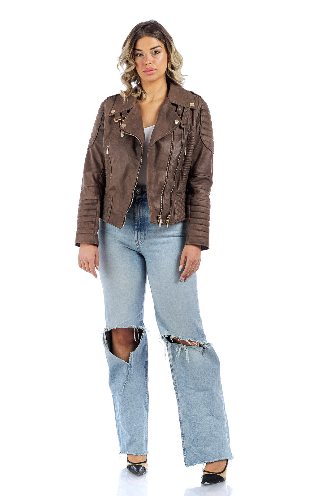 Giacca in pelle donna con zip chiodo 3000 punti a mano marrone