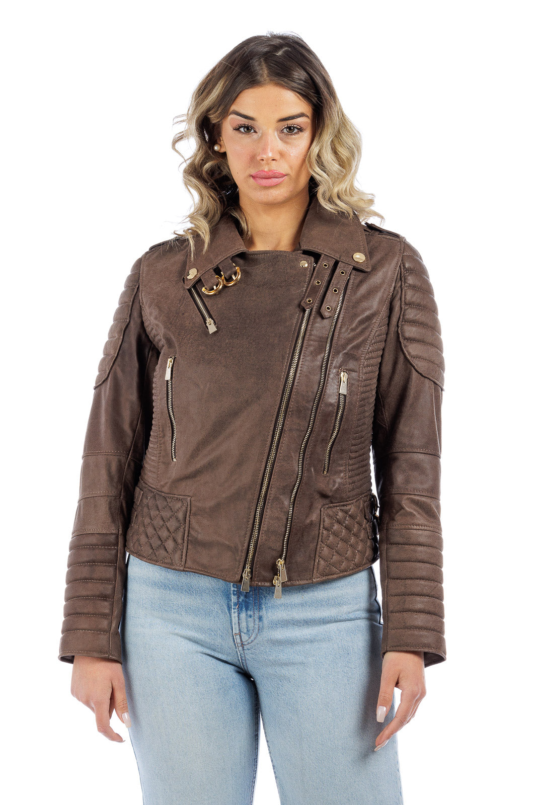 Giacca in pelle donna con zip chiodo 3000 punti a mano marrone