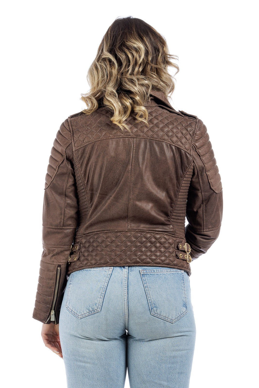 Giacca in pelle donna con zip chiodo 3000 punti a mano marrone